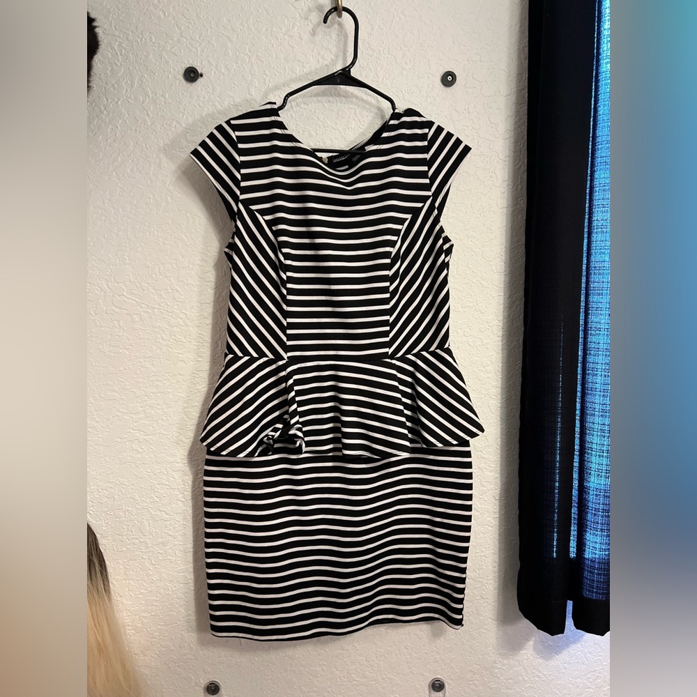 Black and white peplum waisted midi dress